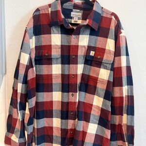 Carhartt Men's Red, Blue, and Cream Plaid Shirt